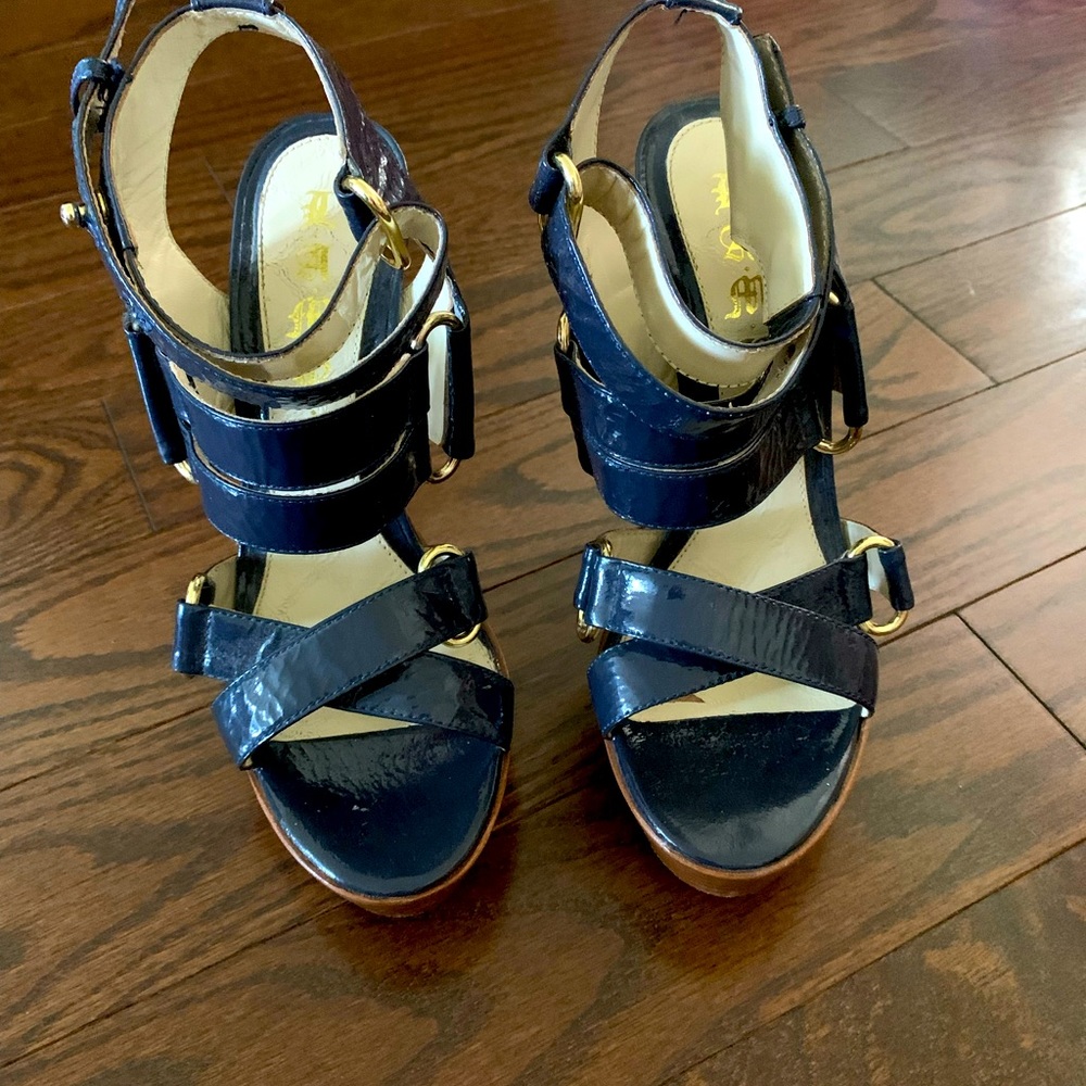 L.A.M.B Platform Blue Patent Leather with Wood Heel and Gold Hardware. 5”heel.